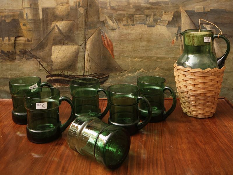Set da birra in vetro verde di Empoli, composto da caraffa e sei boccali