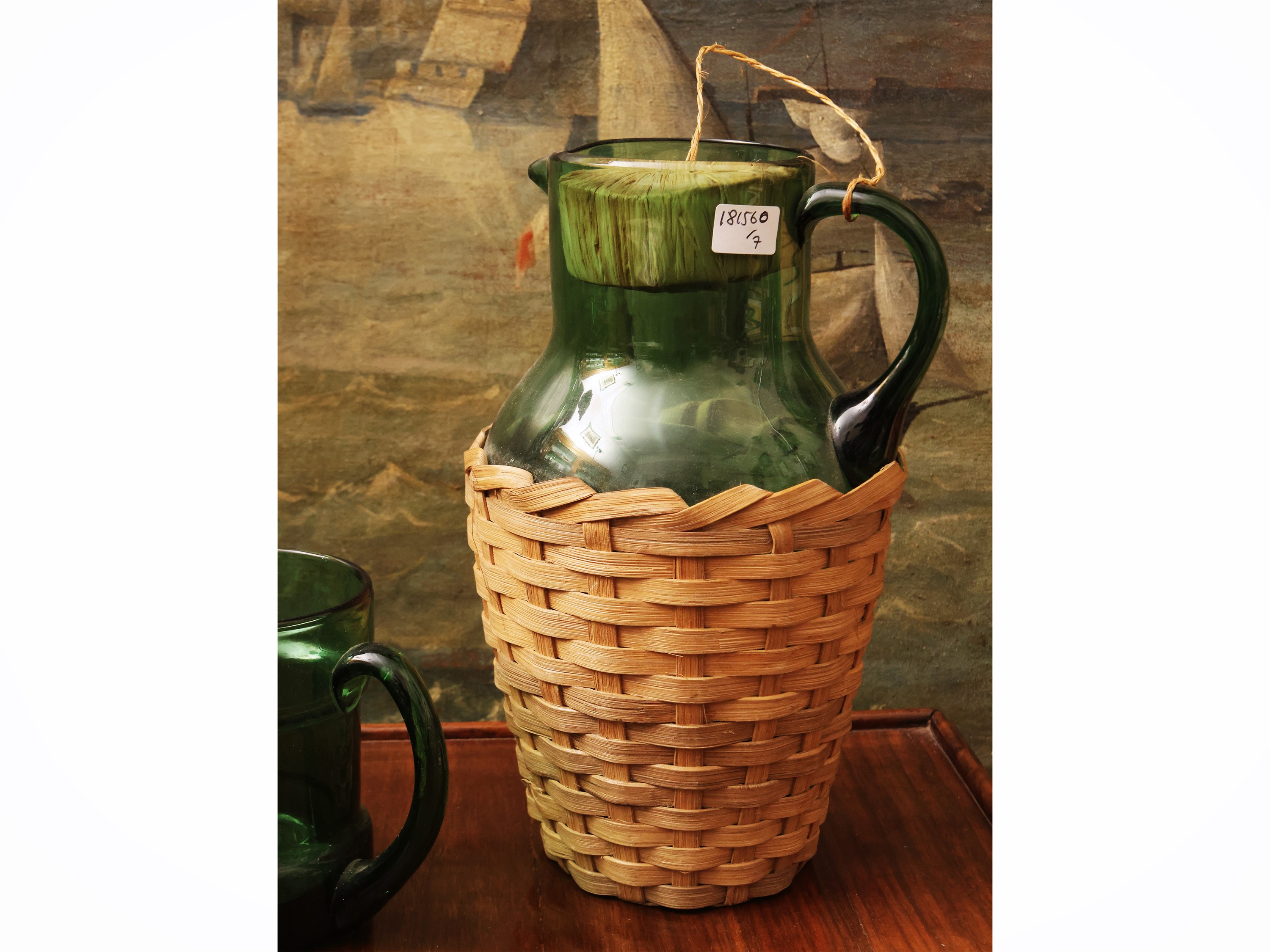 Set da birra in vetro verde di Empoli, composto da caraffa e sei boccali