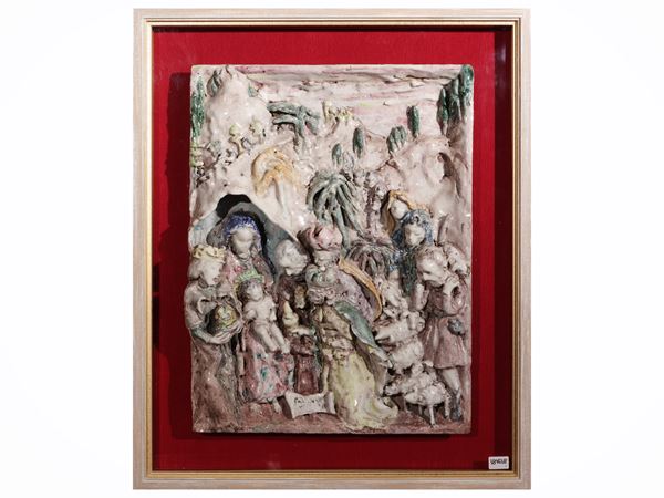 Nativity scene in glazed ceramic