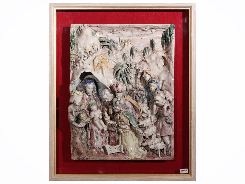 Presepe in ceramica smaltata, altorilievo policromo, Manifattura di Vietri, XX secolo