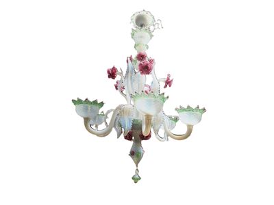 Lampadario in vetro di Murano, XX secolo, vetro opalino con profili verde salvia