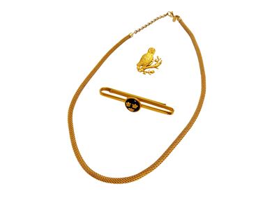 Lotto di bijoux: collana girocollo, spilla animalier a forma di civetta e ferma cravatta con tre ...