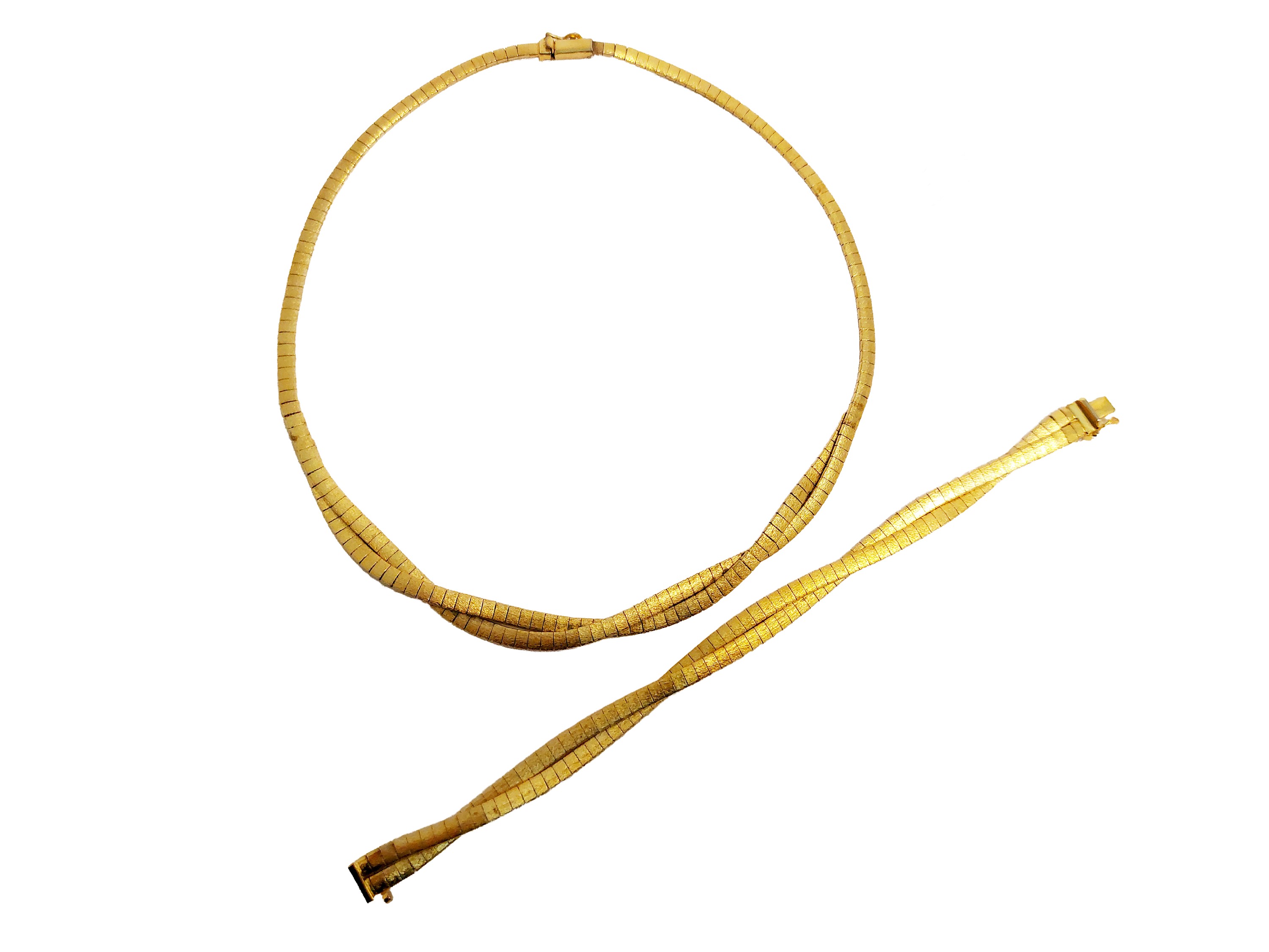 Demi parure, Collana e bracciale in metallo golden tone a maglia piatta satinata