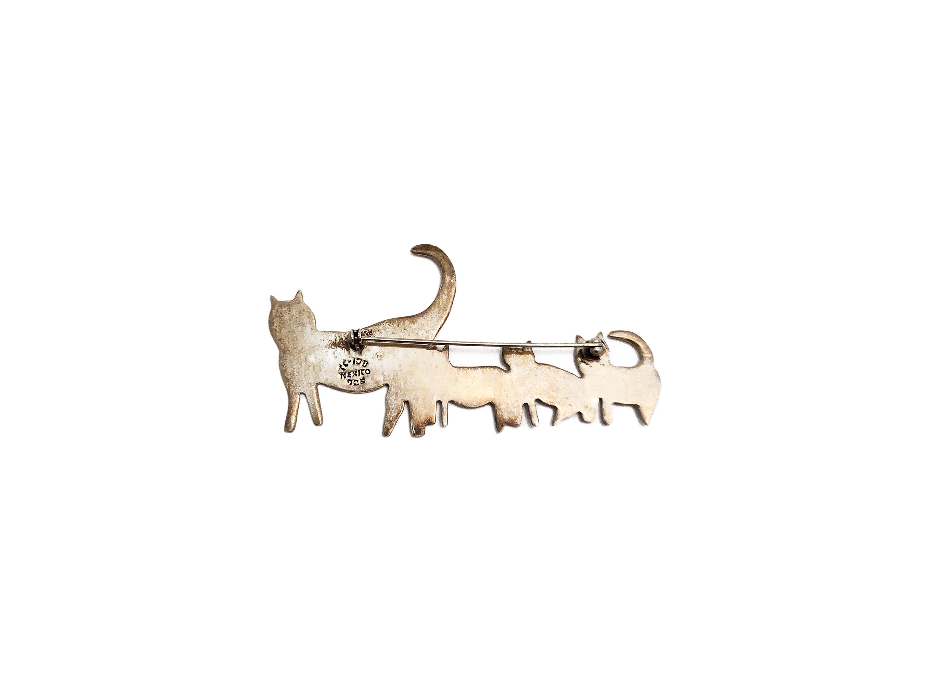 Spilla animalier in argento, forma di gatto con gattini, punzone Mexico 725