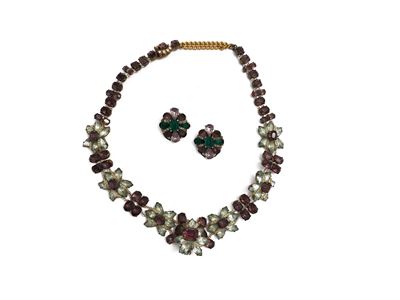 Collana e orecchini d'epoca, collana con ametiste e acquamarine, orecchini a clip