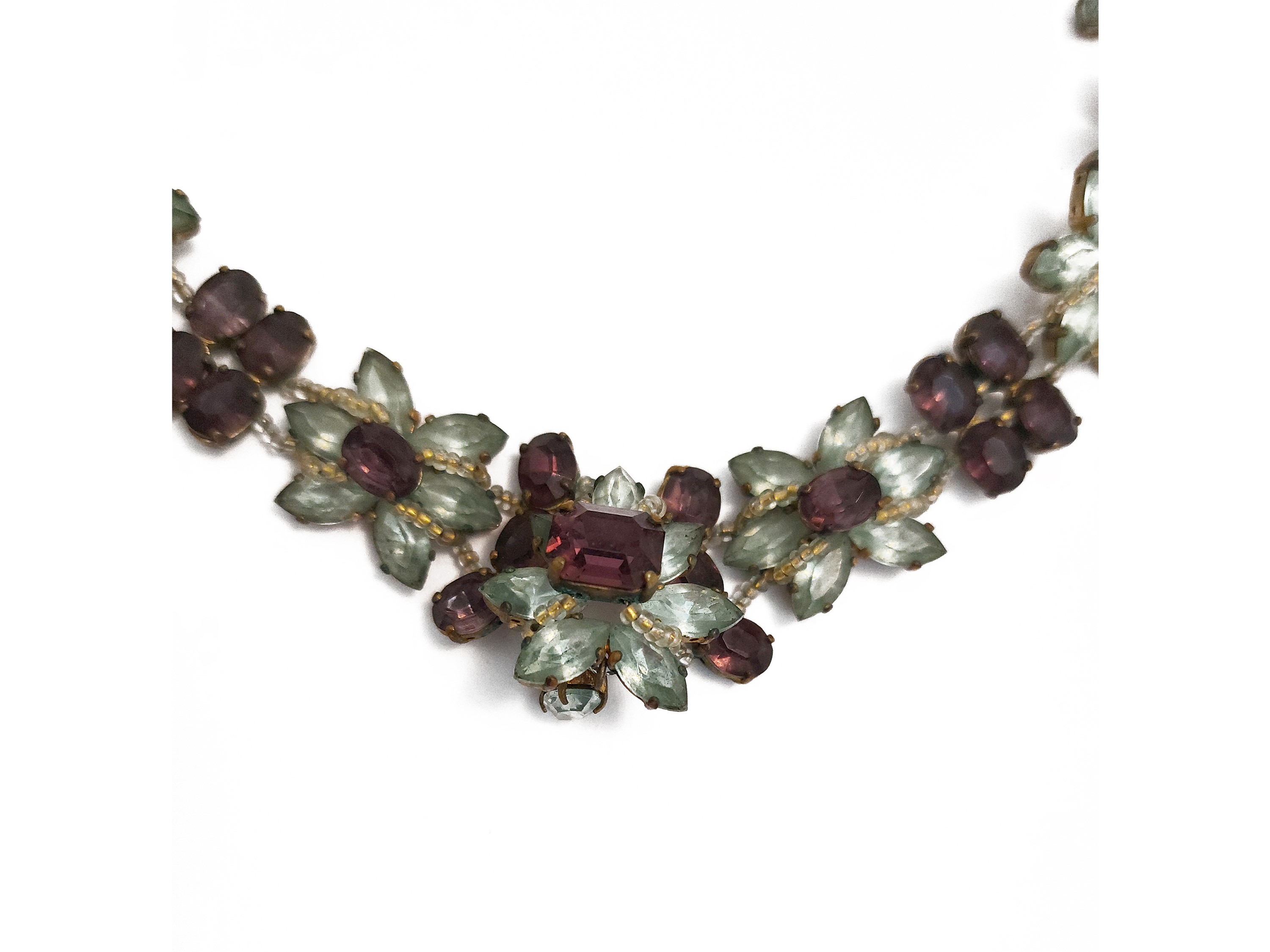 Collana e orecchini d'epoca, collana con ametiste e acquamarine, orecchini a clip