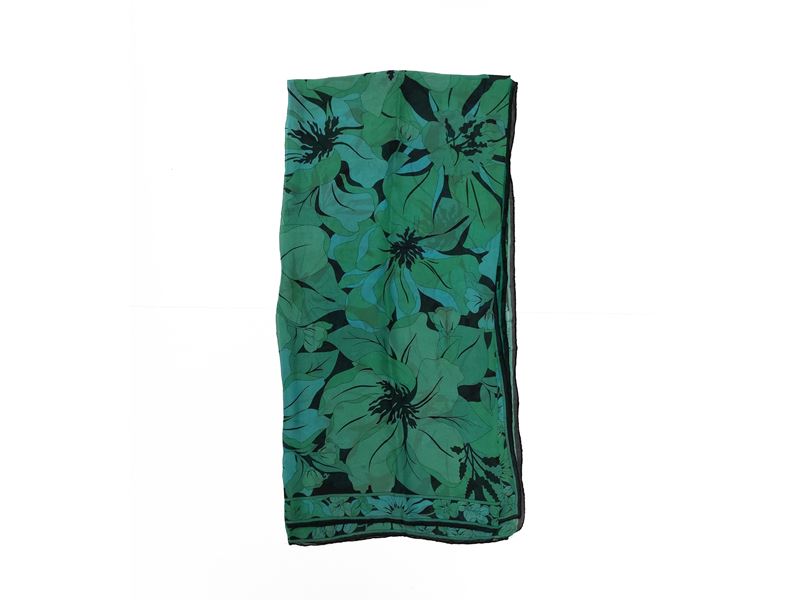 Bessi, Grande foulard in chiffon di seta, fantasia floreale verde smeraldo e turchese