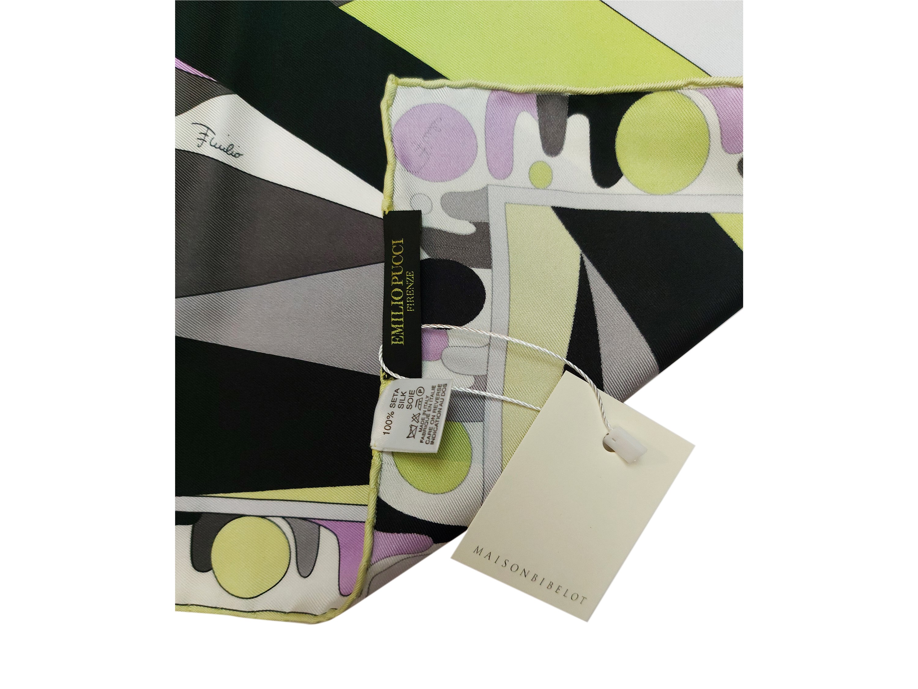 Emilio Pucci, Foulard in seta con fantasia nei toni del viola, nero e verde-giallo