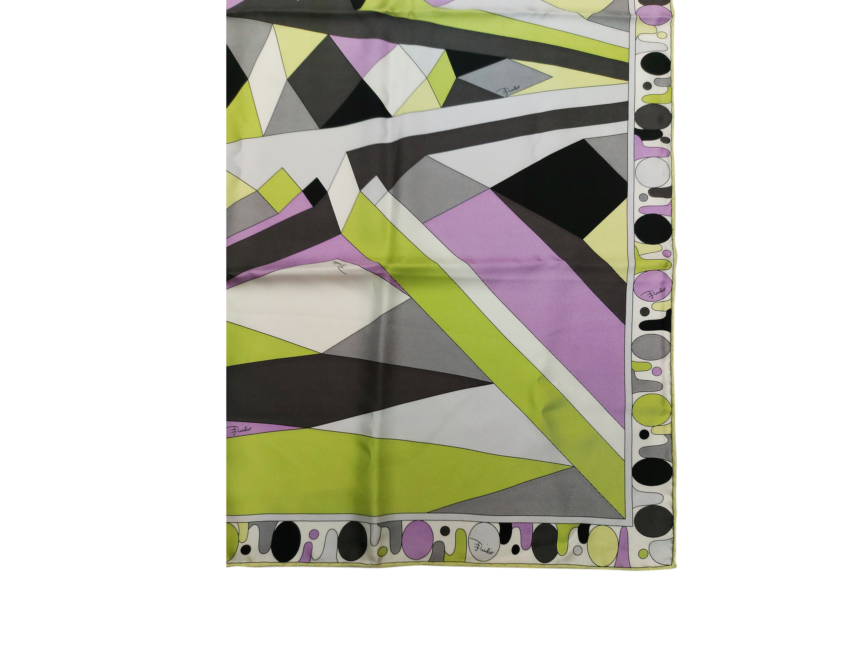 Emilio Pucci, Foulard in seta con fantasia nei toni del viola, nero e verde-giallo