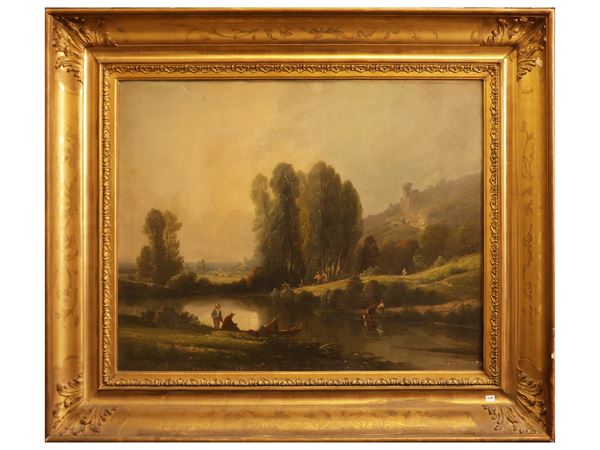 Henri-François Perret - Paesaggio fluviale con personaggi