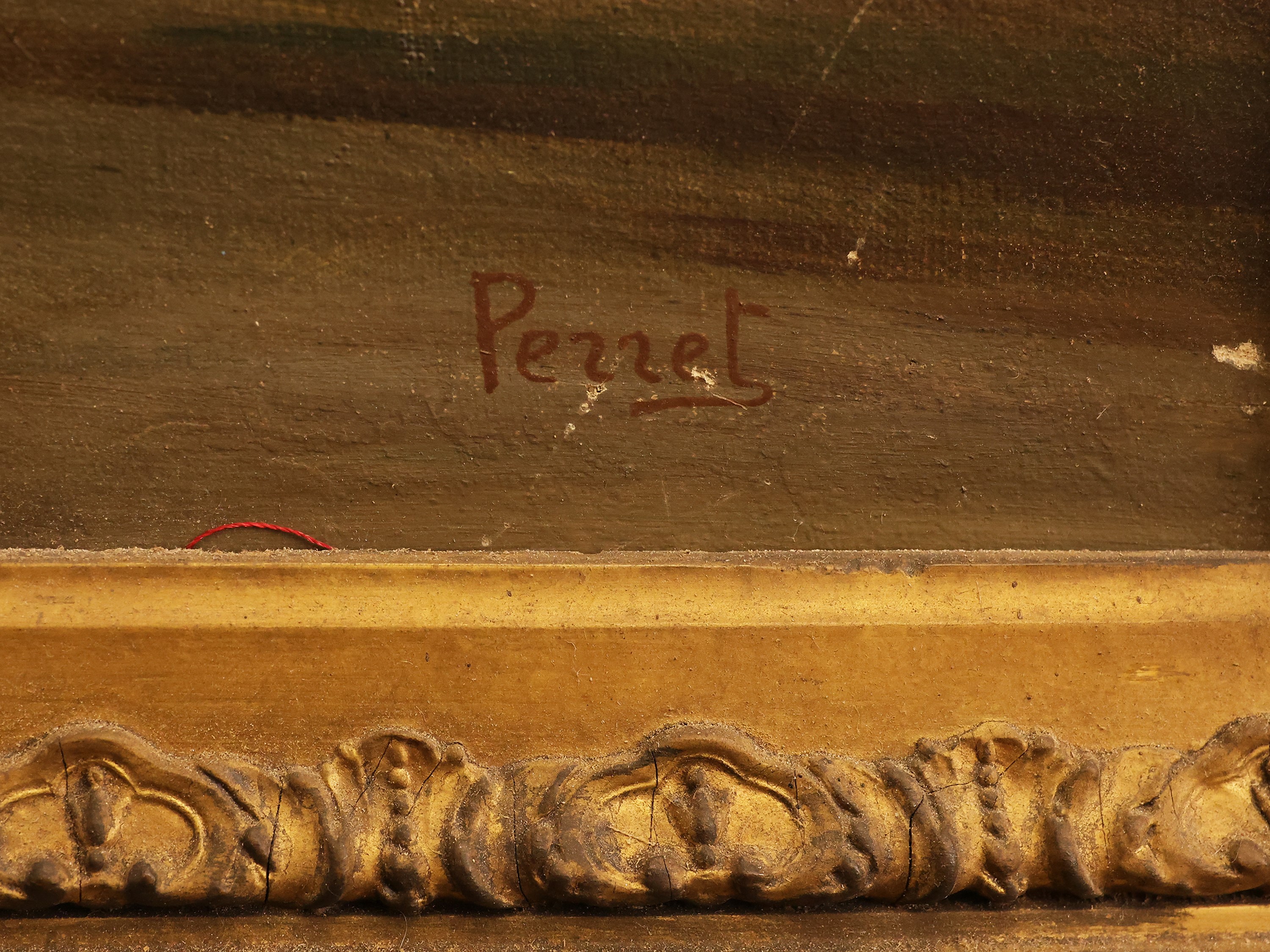 Henri-françois Perret - Paesaggio fluviale con personaggi, olio su tela, cm 74x93