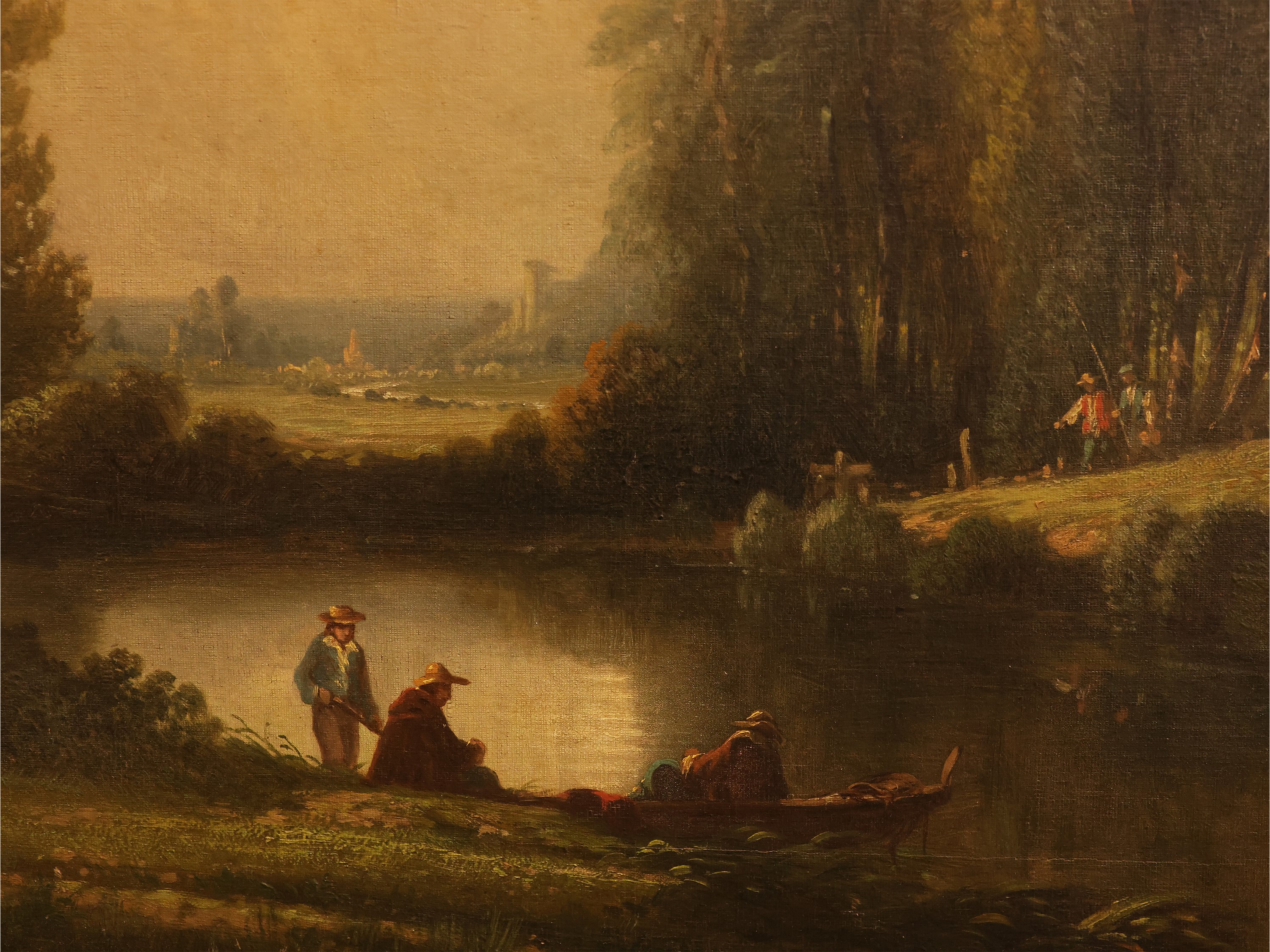 Henri-françois Perret - Paesaggio fluviale con personaggi, olio su tela, cm 74x93
