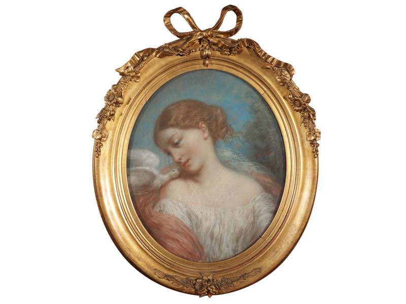 Pierre-joseph Dedereux Dorcy - Fanciulla con colomba, pastello su carta applicata a tela
