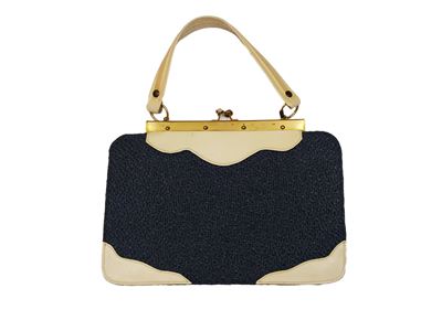 Borsa a mano in rafia blu e pelle avorio, America, Anni Quaranta