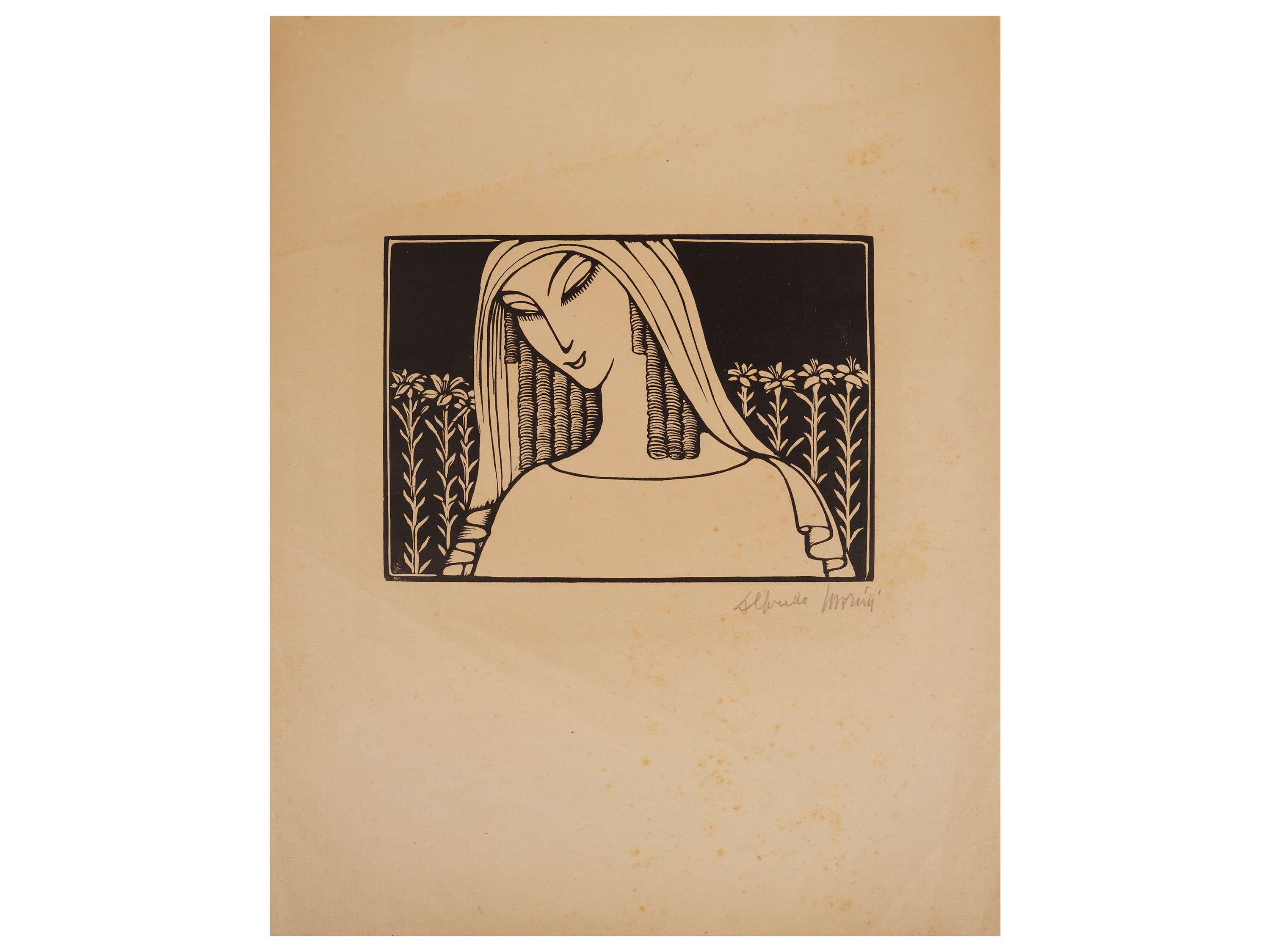 Alfredo Morini - Mattino - Il fiore. Figura femminile e gigli, tre xilografie
