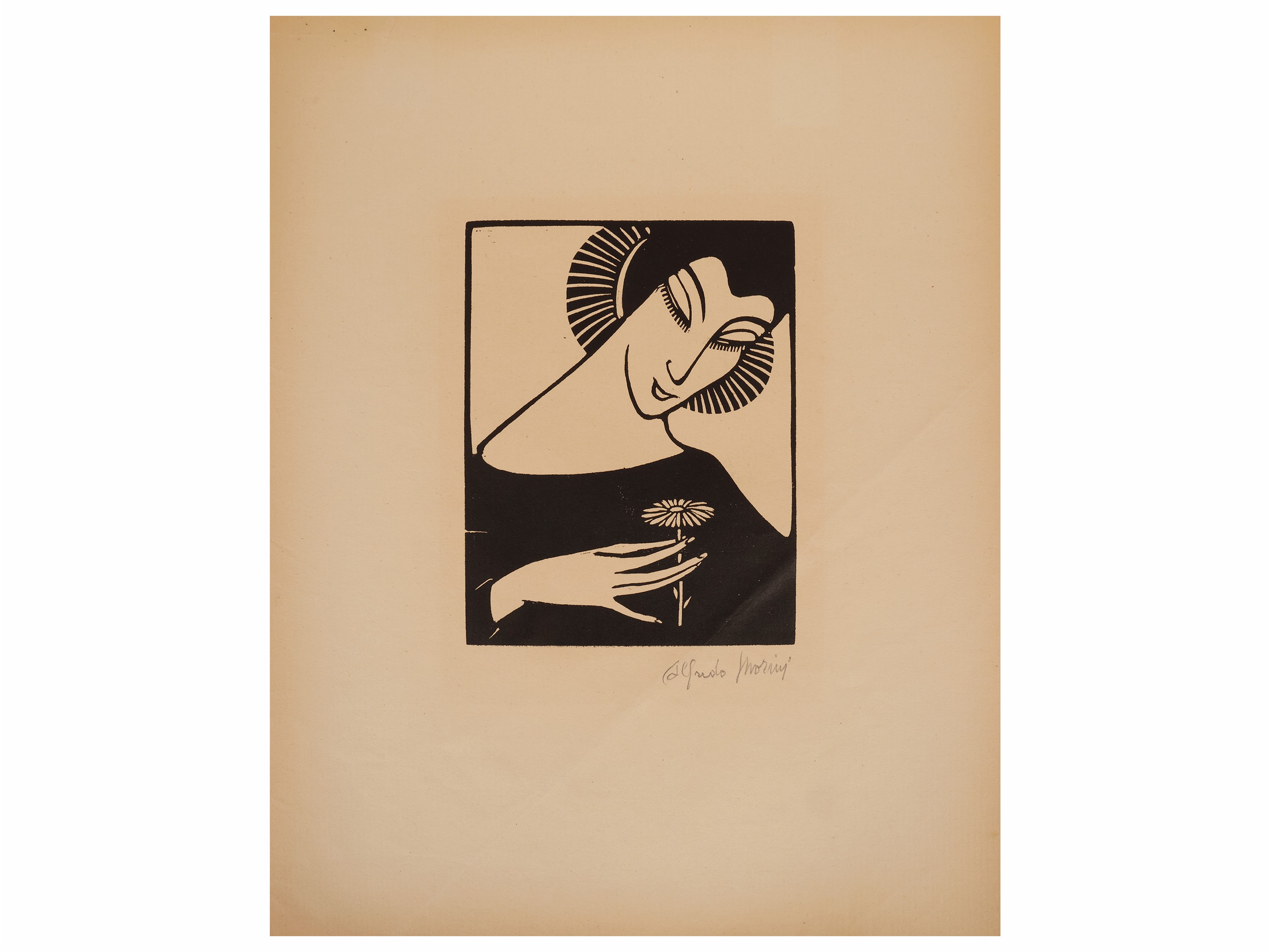 Alfredo Morini - Mattino - Il fiore. Figura femminile e gigli, tre xilografie
