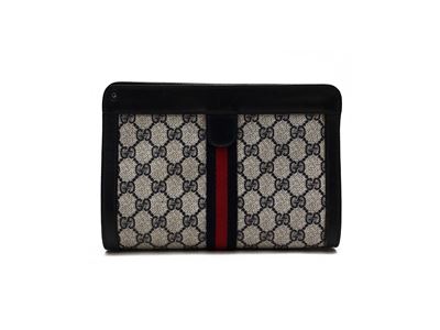 Gucci, Trousse in tela monogram e pelle blu con chiusura in velcro