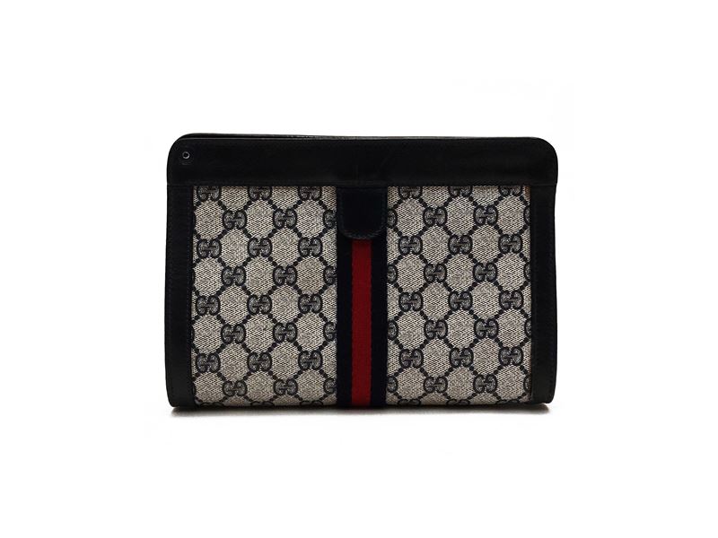 Gucci, Trousse in tela monogram e pelle blu con chiusura in velcro