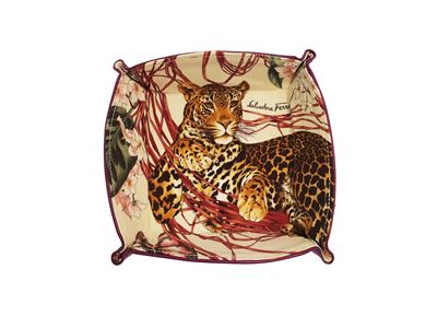Salvatore Ferragamo, Svuota tasche animalier in pelle viola e tessuto leopardo