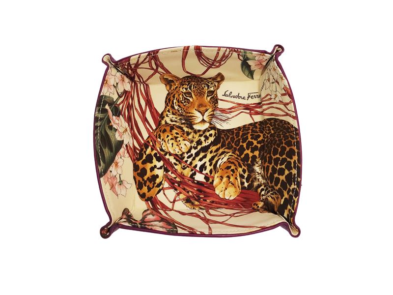 Salvatore Ferragamo, Svuota tasche animalier in pelle viola e tessuto leopardo