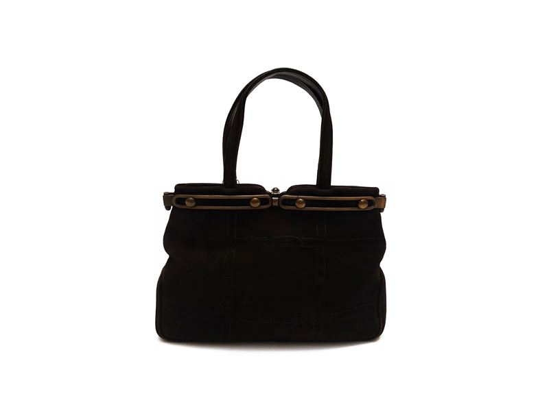 Borsa a mano in antilope marrone con finiture in ottone brunito, Anni Sessanta