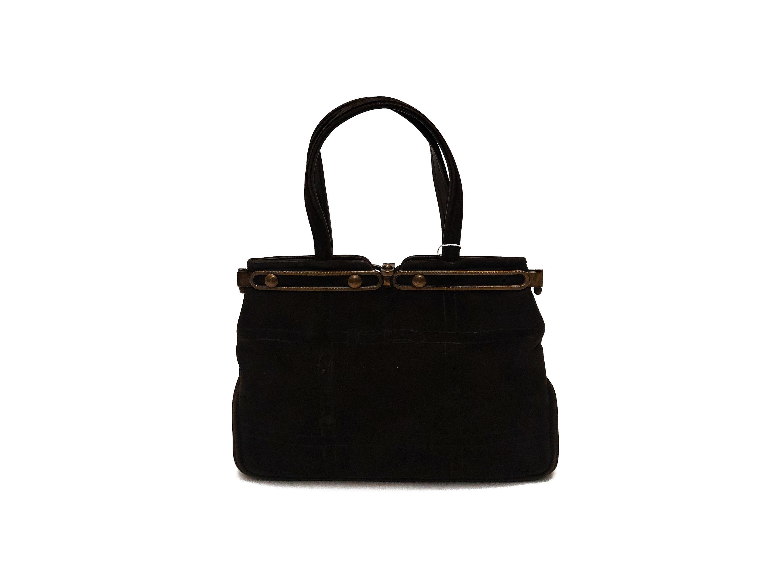 Borsa a mano in antilope marrone con finiture in ottone brunito, Anni Sessanta