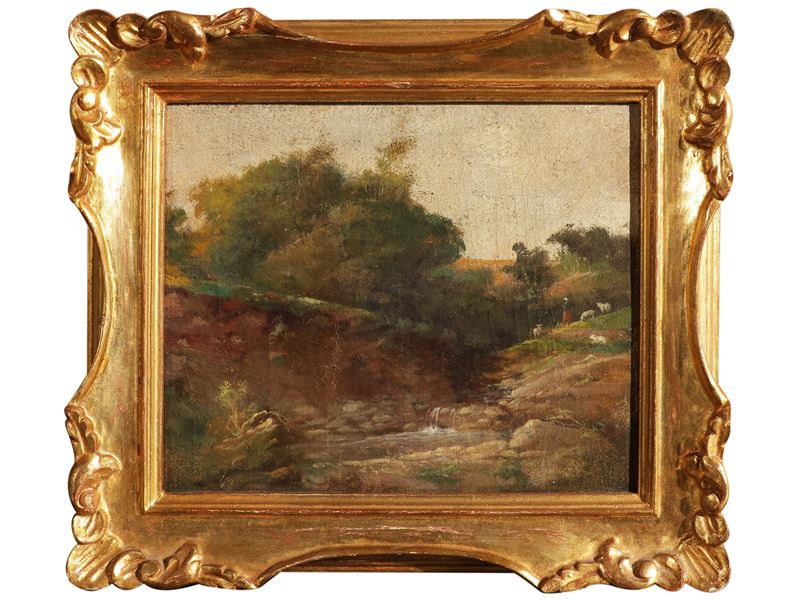 Paesaggio con pastorella, olio su tela, XIX secolo