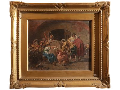 Interno di taverna con personaggi, olio su tavoletta