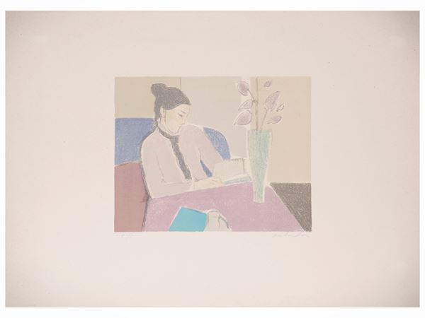 Aldo Salvadori : Donna che legge in un interno  - Asta Grafica da collezione - Maison Bibelot - Casa d'Aste Firenze - Milano