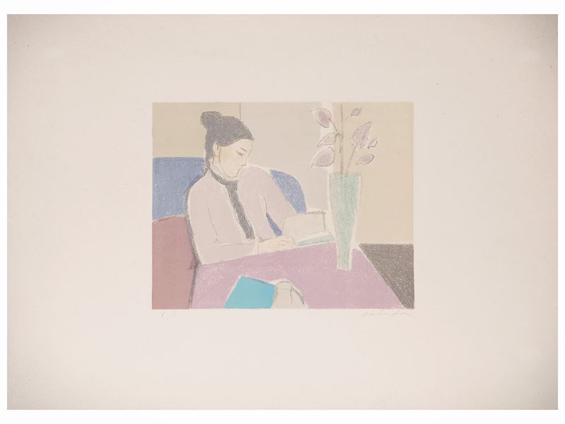 Aldo Salvadori - Donna che legge in un interno, litografia