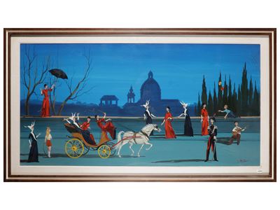 Personaggi in strada, olio su tela, 50x100 cm