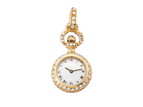 Piccolo orologio pendente in oro giallo e diamanti