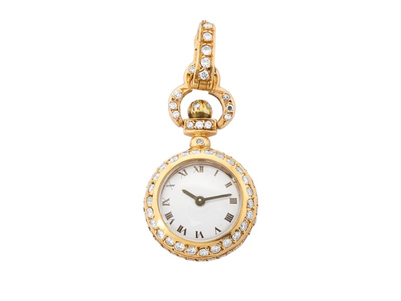 Piccolo orologio pendente in oro giallo e diamanti
