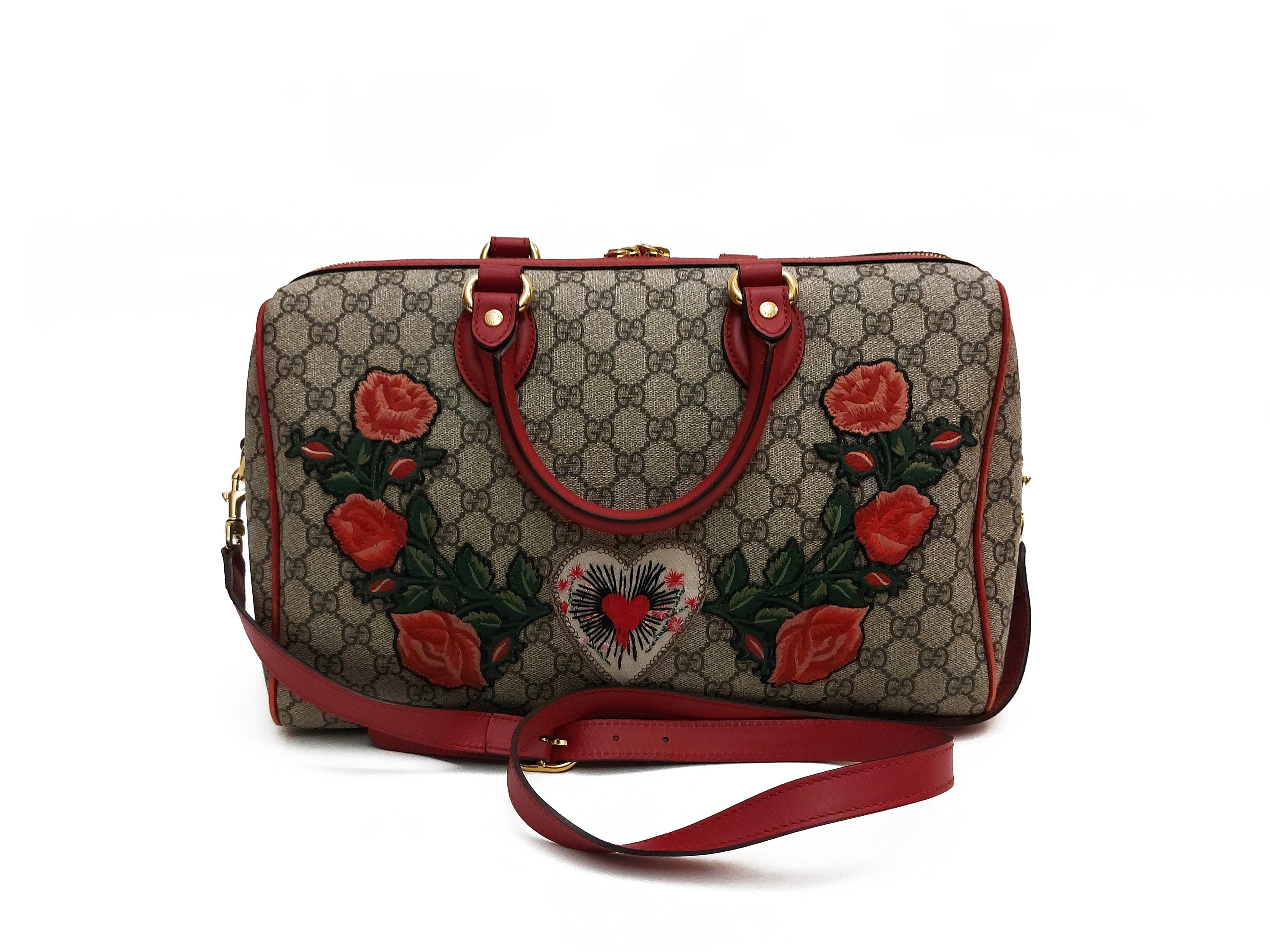 Gucci - Bauletto Boston in tela monogram GG supreme e pelle rossa