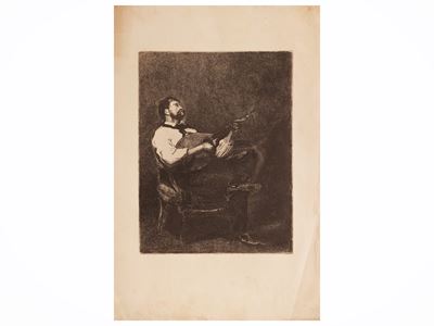 Francois Bonvin, Suonatore di chitarra; Félicien Rops, Compagnos de box (due incisioni, XIX secol...