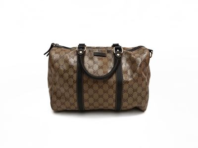 Gucci, Bauletto Boston in tela monogram GG crystal marrone con finiture in pelle di cinghiale