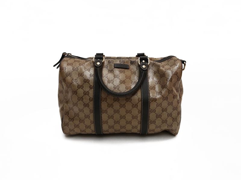 Gucci, Bauletto Boston in tela monogram GG crystal marrone con finiture in pelle di cinghiale