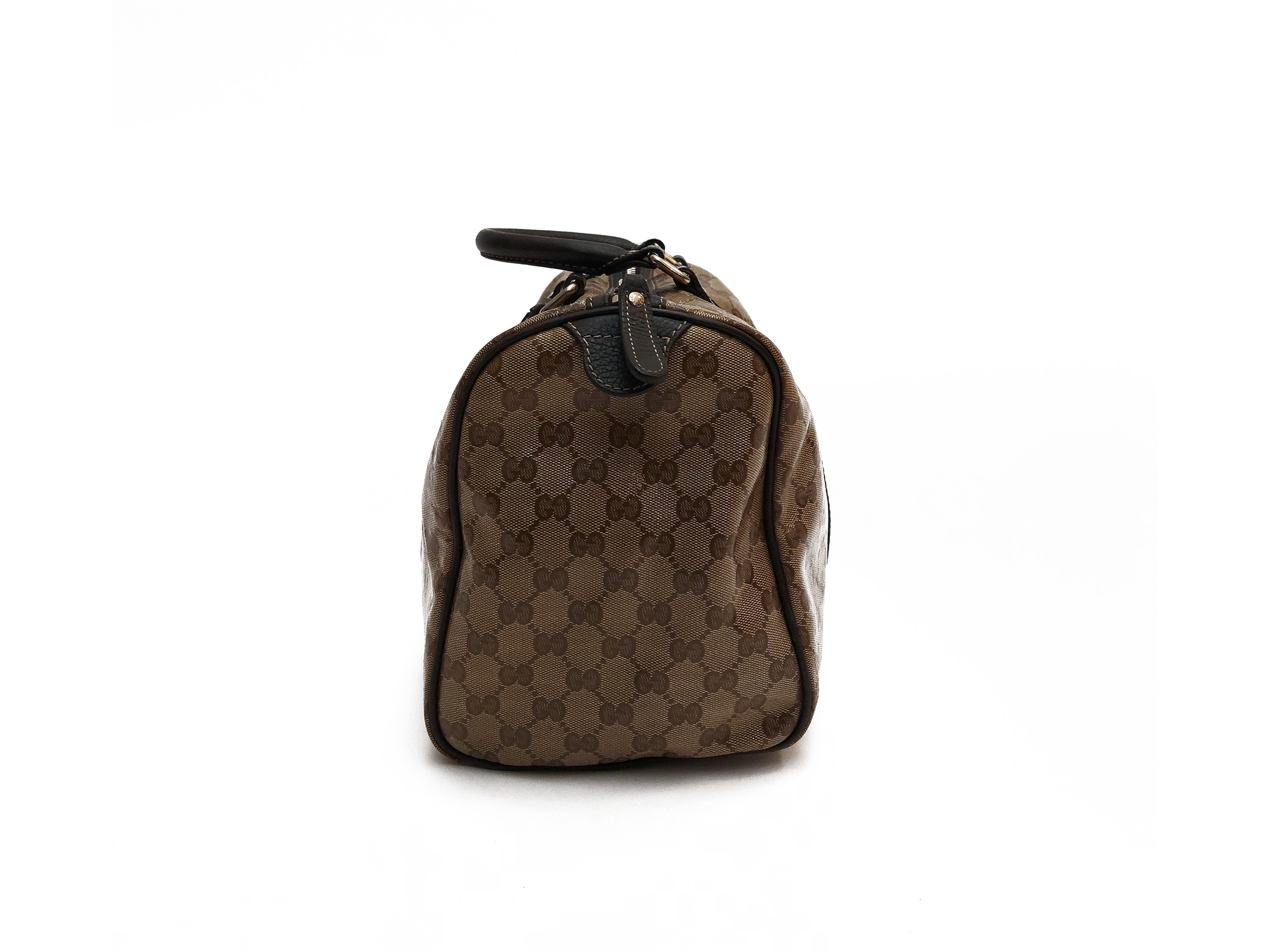 Gucci, Bauletto Boston in tela monogram GG crystal marrone con finiture in pelle di cinghiale