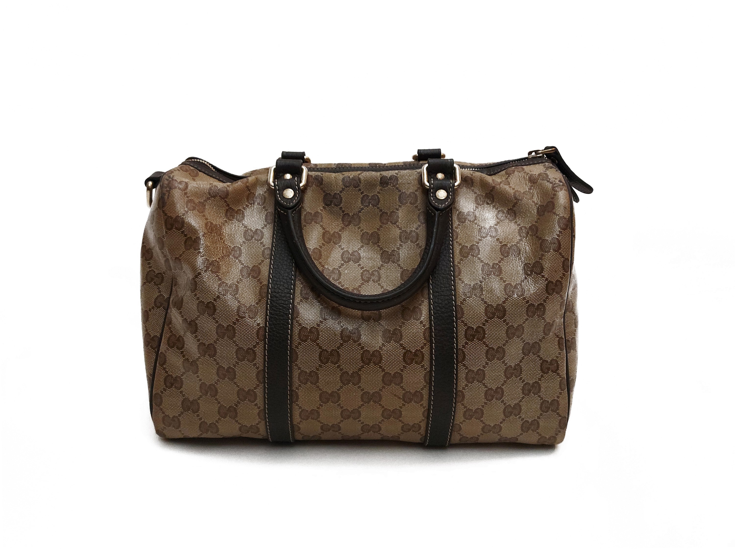 Gucci, Bauletto Boston in tela monogram GG crystal marrone con finiture in pelle di cinghiale