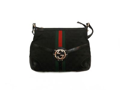 Gucci, Borsa a tracolla in tela monogram e pelle nera con finiture in ottone