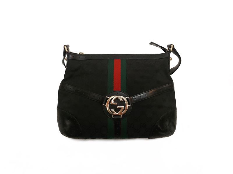 Gucci, Borsa a tracolla in tela monogram e pelle nera con finiture in ottone