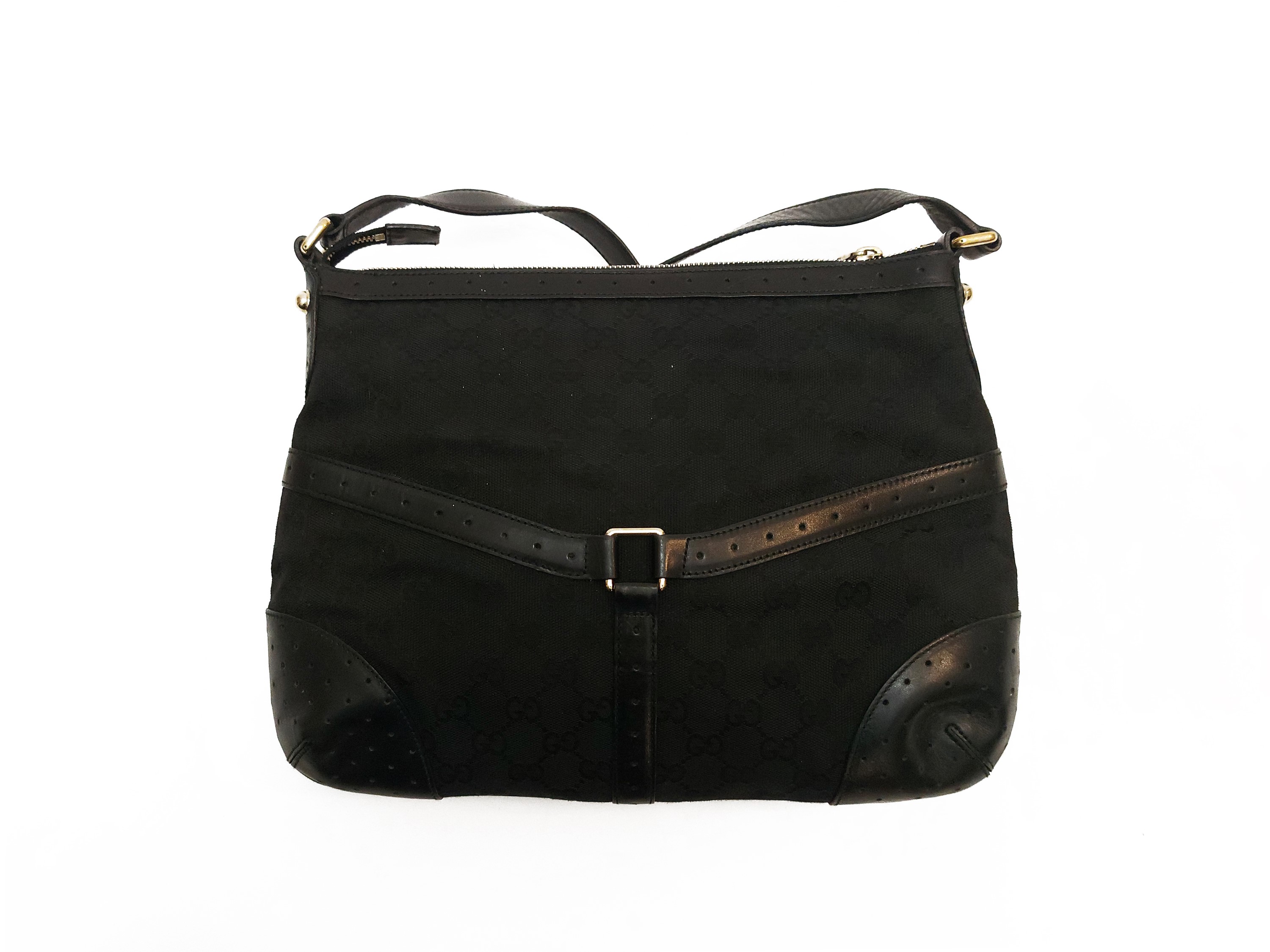 Gucci, Borsa a tracolla in tela monogram e pelle nera con finiture in ottone