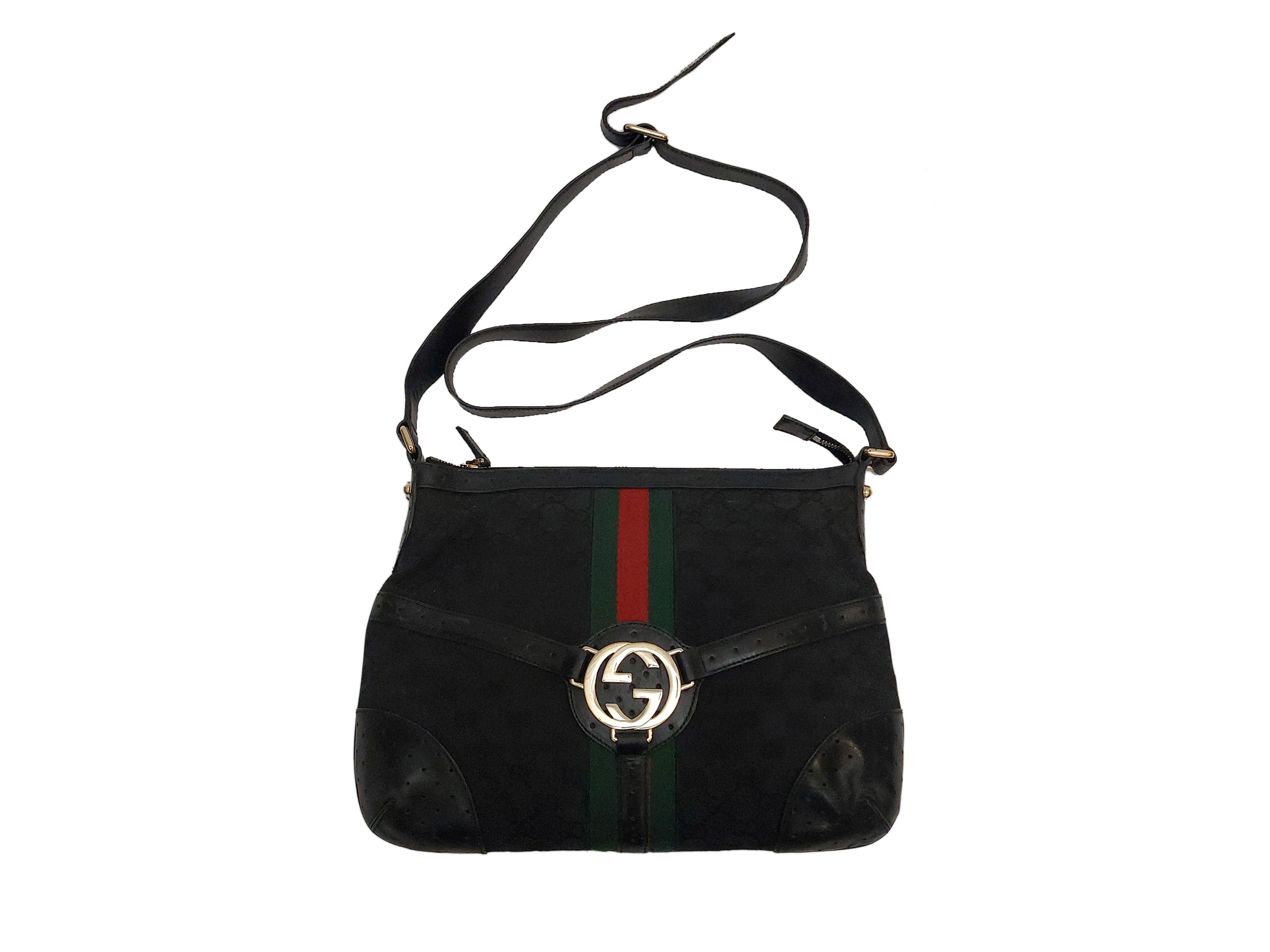 Gucci, Borsa a tracolla in tela monogram e pelle nera con finiture in ottone