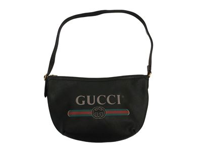Gucci, Borsa hobo half moon in pelle nera con logo stampato