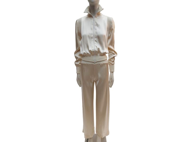 Blumarine, Completo casual in raso di seta color panna, tg 42
