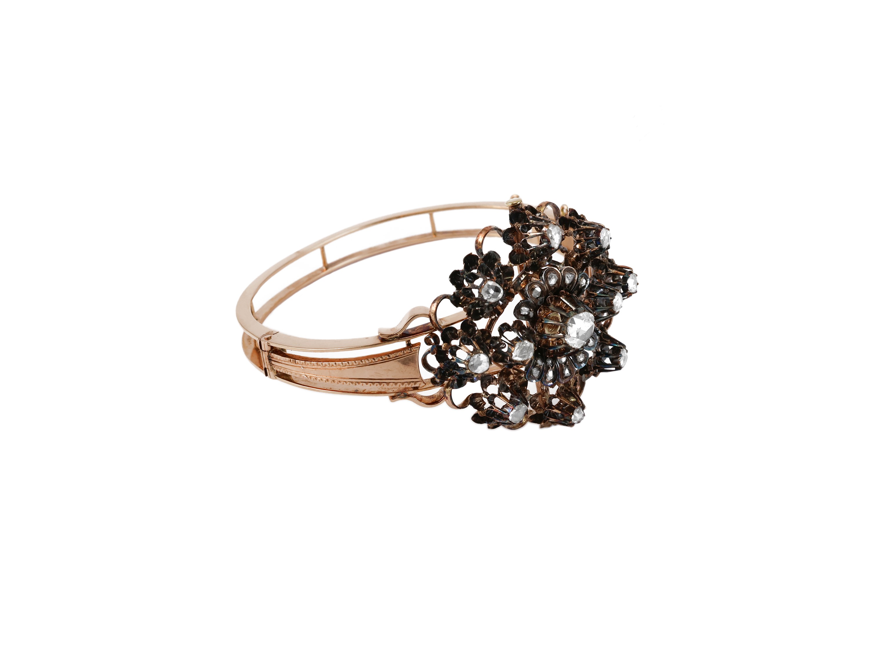 Bracciale a cerchio rigido in oro a basso titolo, argento e rose di diamante