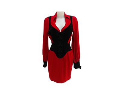 Thierry Mugler, Abito in lana rossa con corsetto in velluto nero, taglia 38, Anni Ottanta