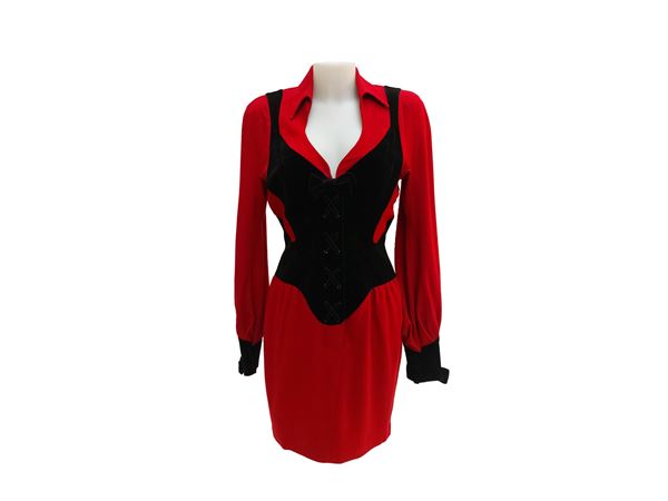 Thierry Mugler - Red wool dress with black velvet faux corset