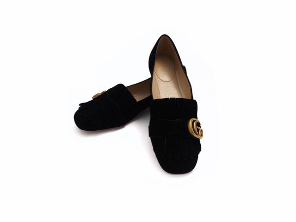 Gucci - Black suede ballet flats with fringes