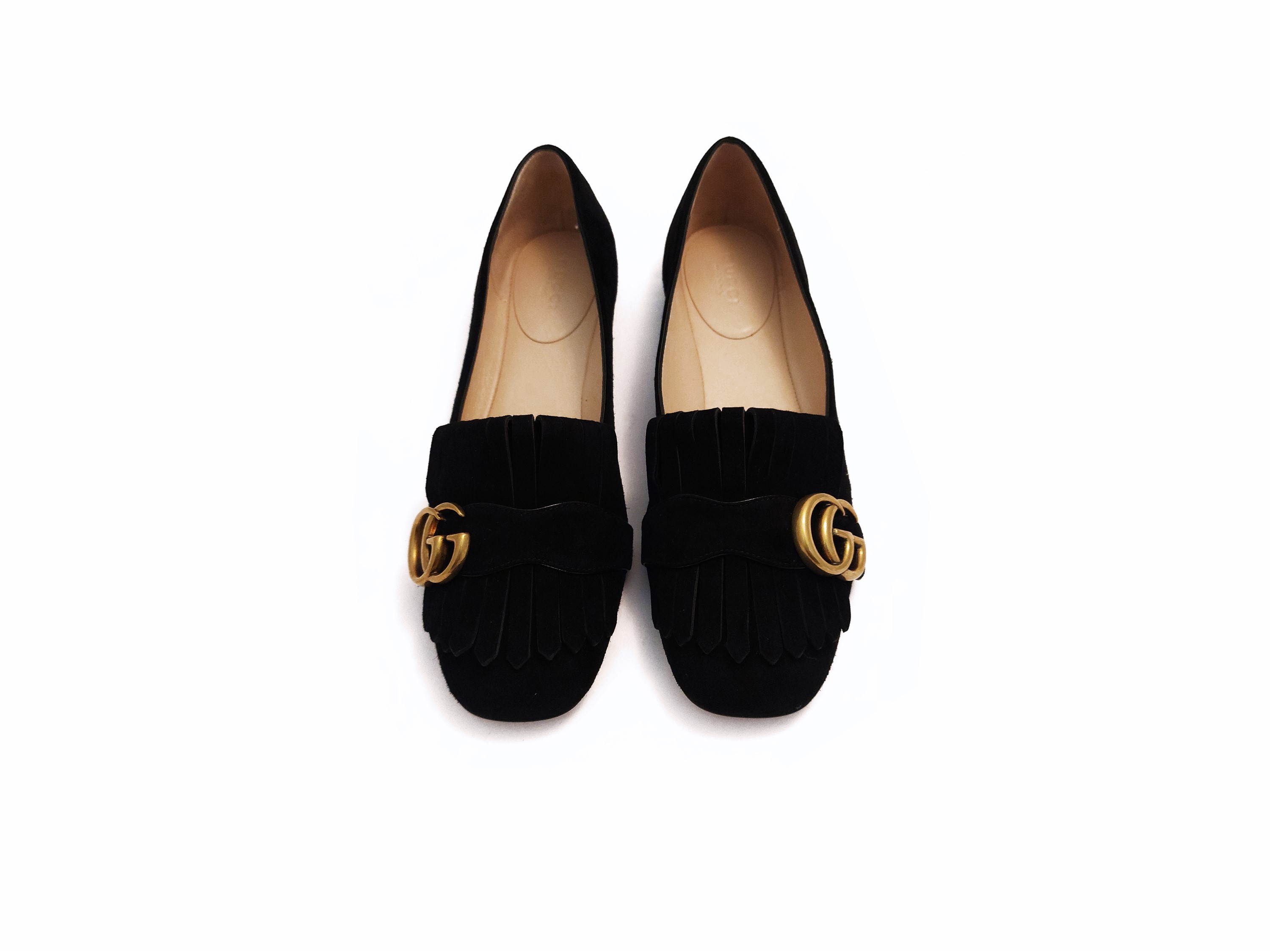 Gucci, Ballerine scamosciate nere con frange, dimensione 37 1/5